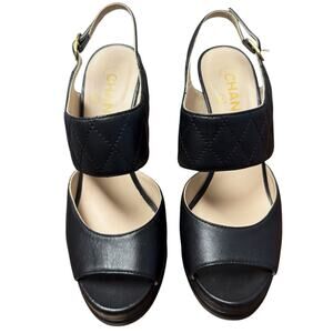 CHANEL Black Quilted Strap Open-Toe Heels